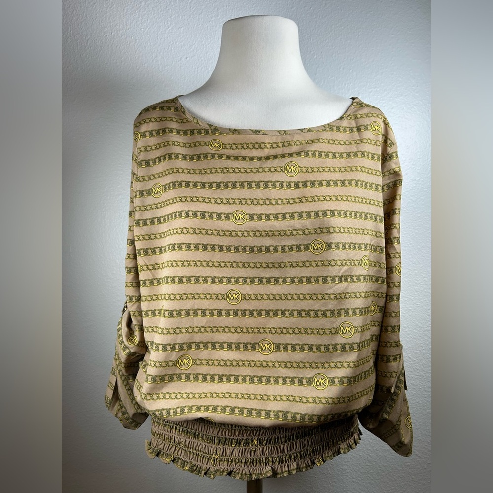 Michael Kors Signature Logo & Chain Print 3/4 Sleeve Blouse – Size Large
